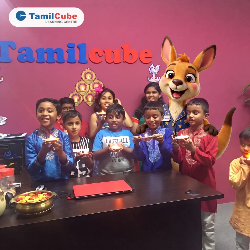 Tamil tuition in Singapore - Tamilcube students celebrating a Tamil cultural event.
